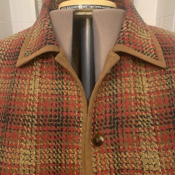 Rafael. Size 12. Plaid Metallic Lined Button Up Jacket. Faux Suede Trim. AL - Picture 2 of 9